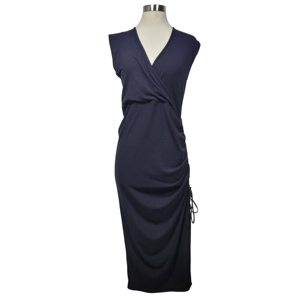 Rachel Zoe Women's Ruched Long Bodycon Ribbed Surplice Maxi Dress Black Size S